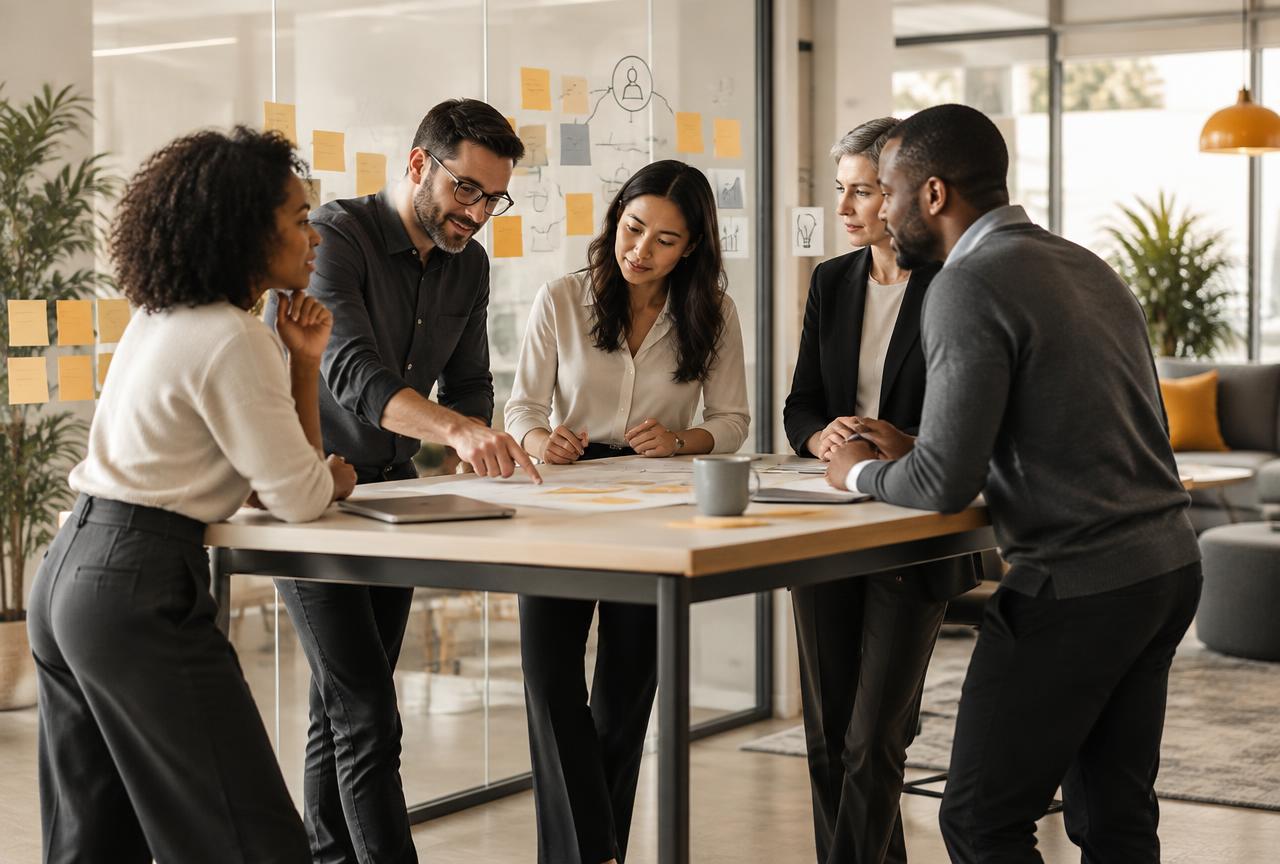 Equipo diverso colaborando en un taller de adopción alrededor de una mesa de trabajo