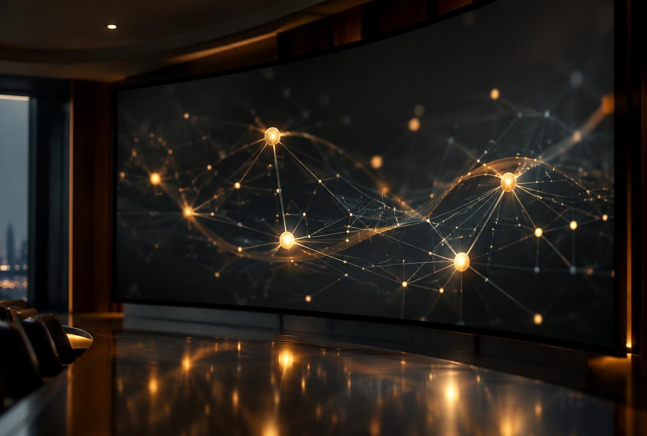 Pantalla curva en una sala ejecutiva mostrando una estructura de información con nodos conectados