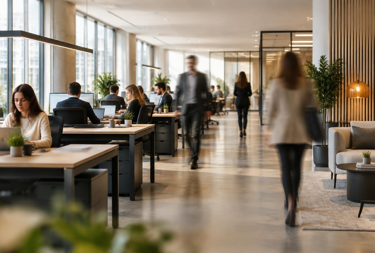 Oficina corporativa abierta con equipos trabajando y flujo de movimiento entre áreas