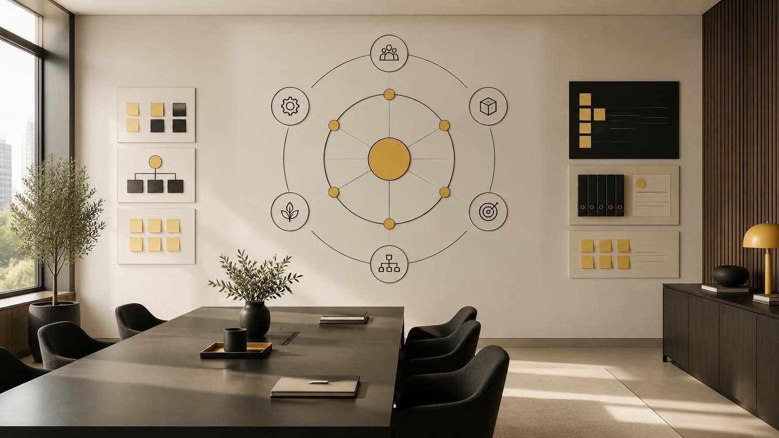 Espacio corporativo con un modelo operativo representado mediante un sistema circular